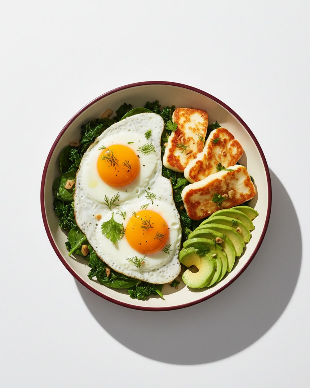 Warm Greens + Halloumi Egg Plate plated for the RM Menopause Support collection