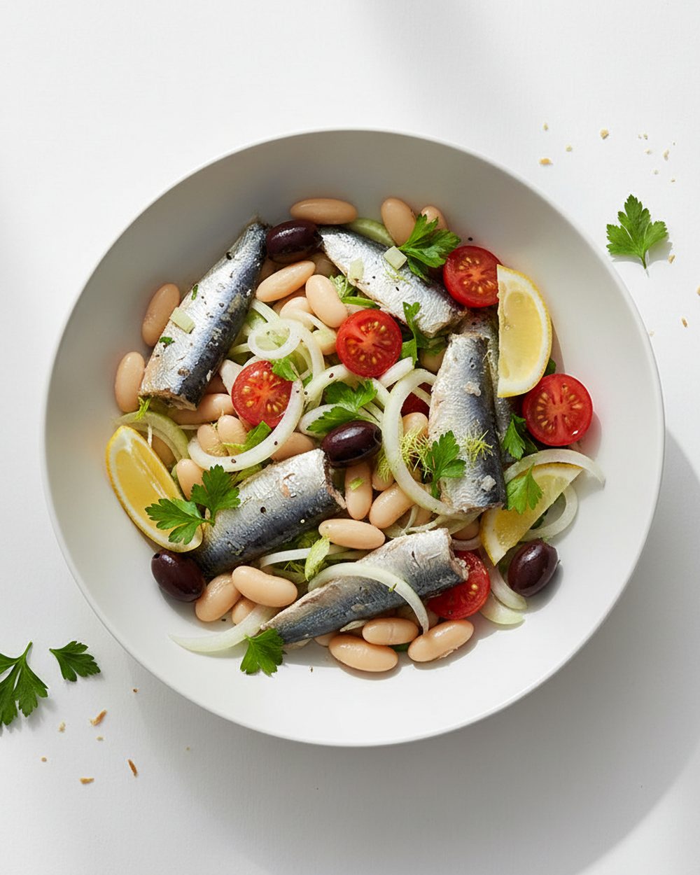 Mediterranean Sardine + White Bean Salad plated for the RM Menopause Support collection