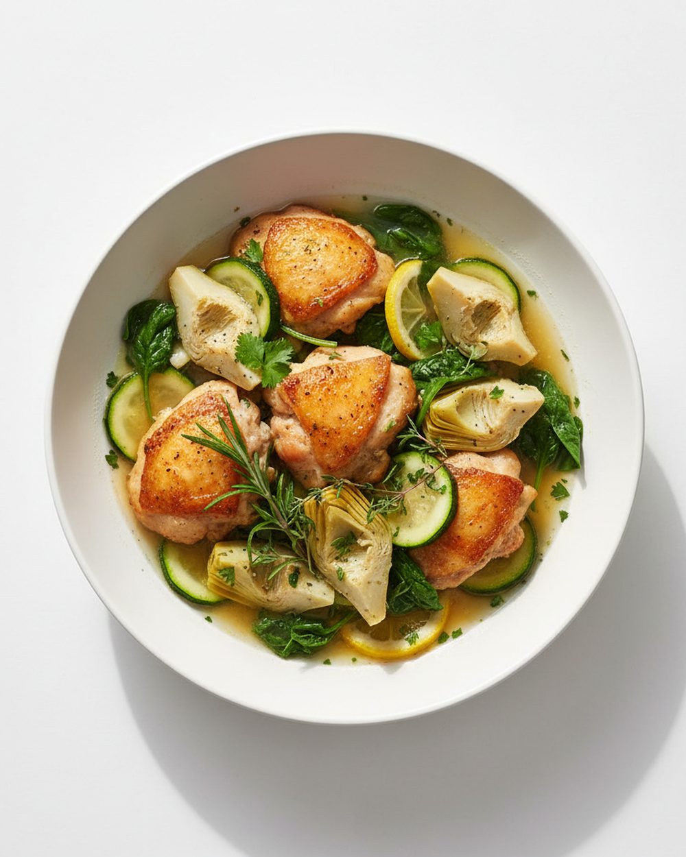 Herb-Roasted Chicken + Artichoke Skillet plated for the RM Menopause Support collection