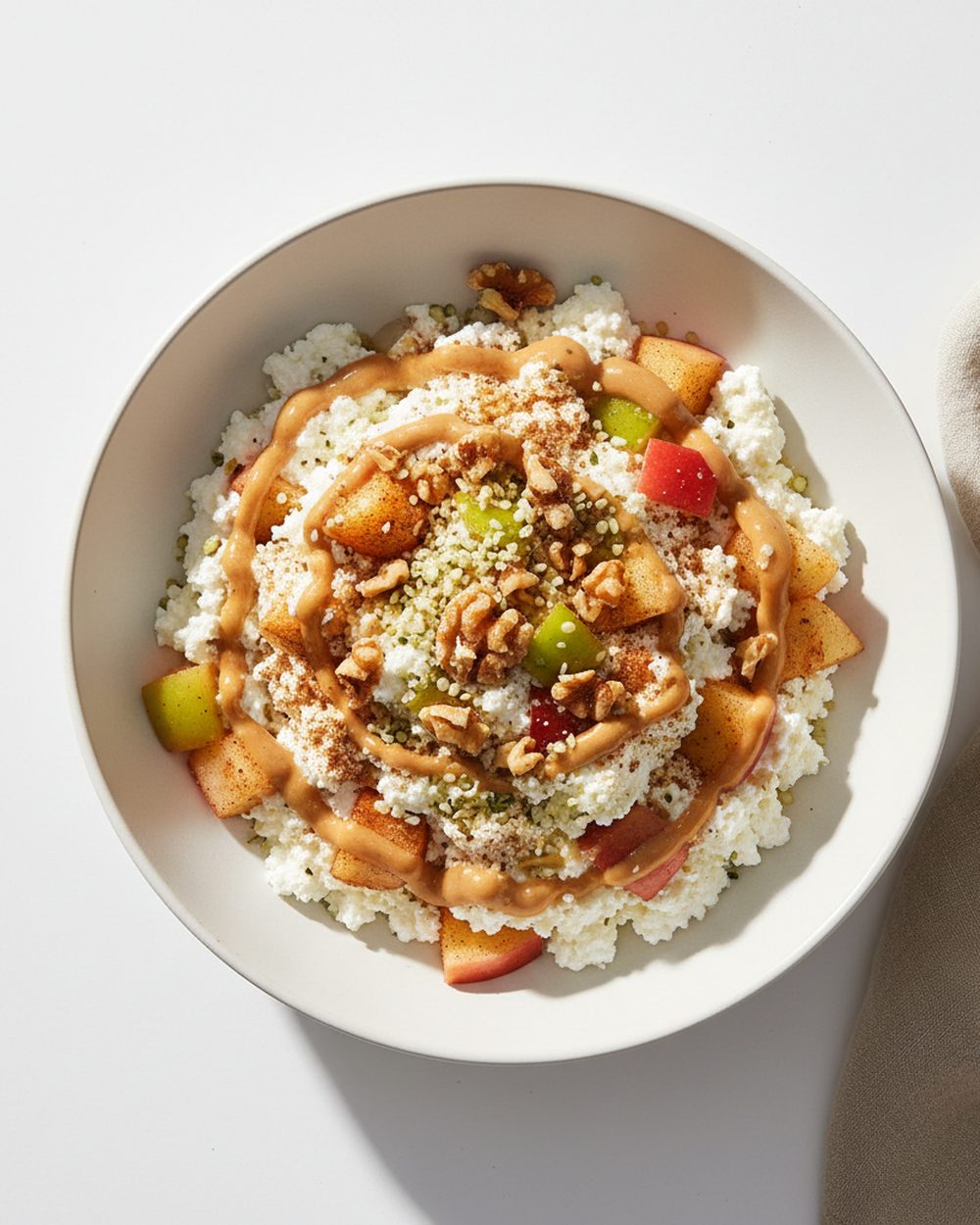 Warm Apple + Tahini Protein Bowl plated for the RM Menopause Support collection