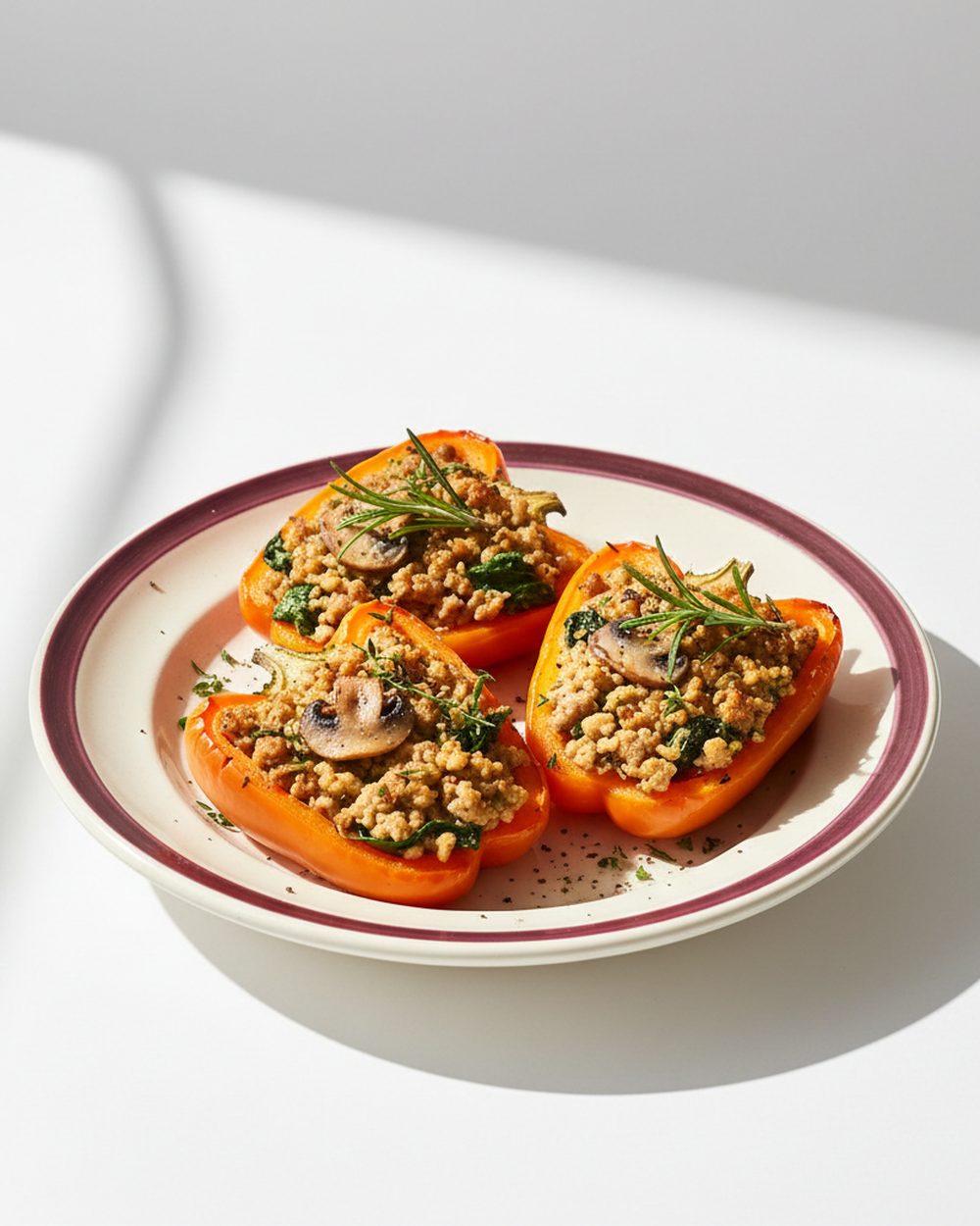 Rosemary Turkey + Mushroom Stuffed Peppers plated for the RM Menopause Support collection