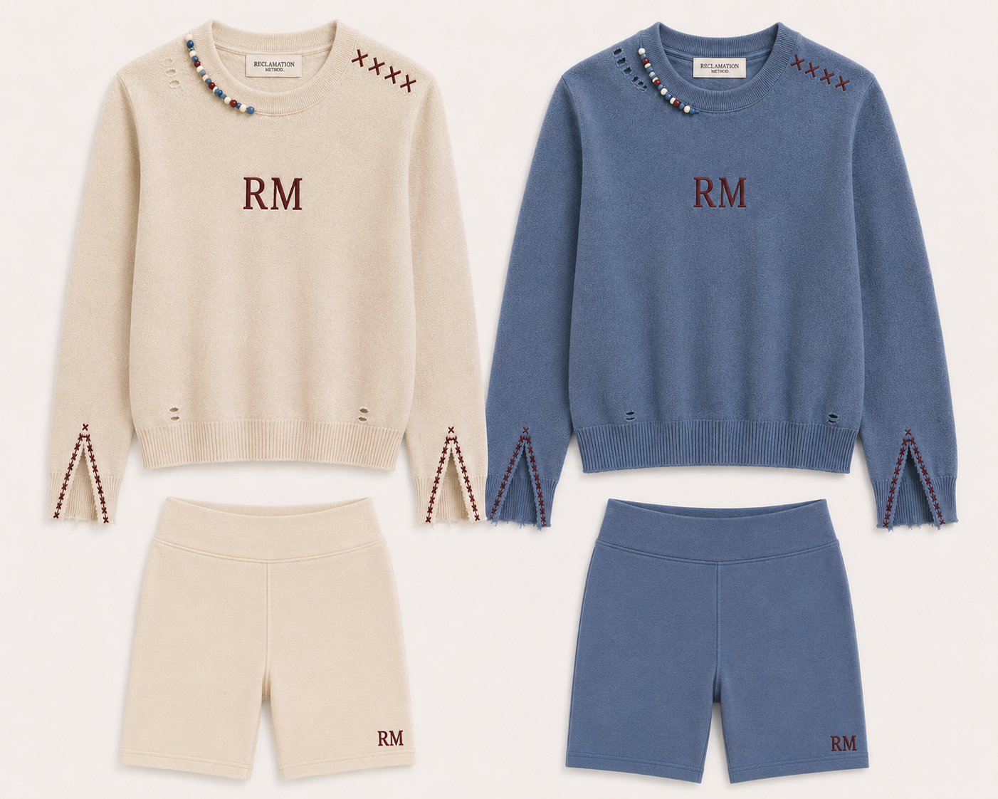 Bone and dusty blue cashmere sweater and short sets laid flat