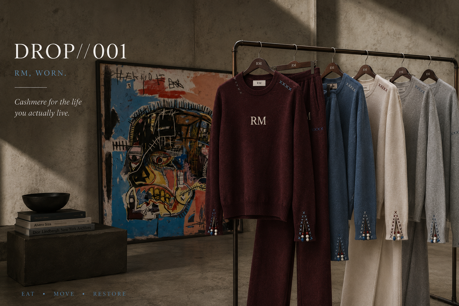 RM Wear DROP // 001 editorial — cashmere collection on a industrial rack in concrete space