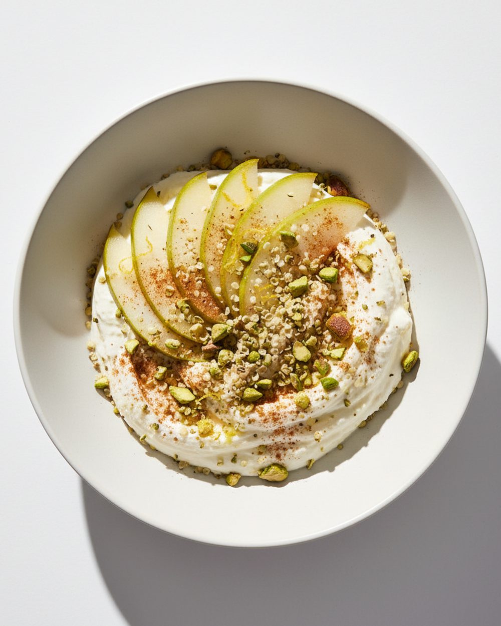 Pear + Pistachio Cottage Cheese Whip plated for the RM Menopause Support collection