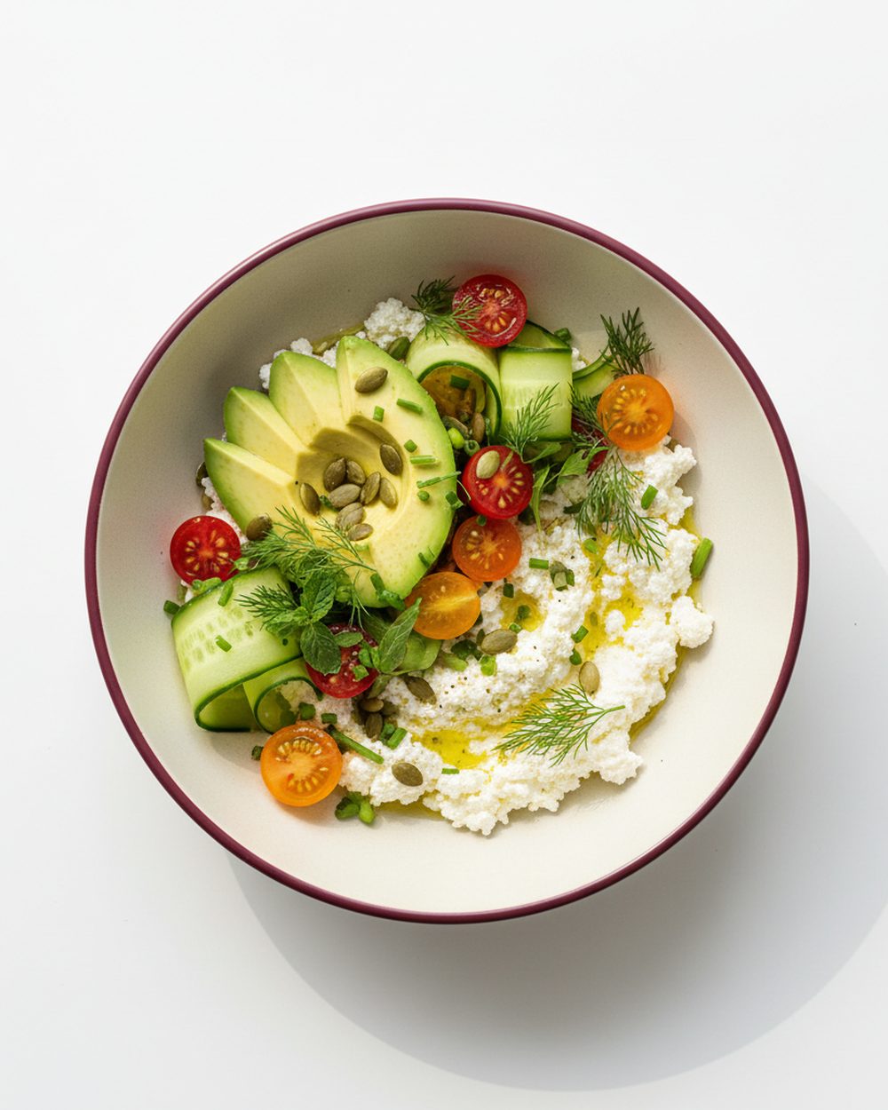 Savory Cottage Cheese + Avocado Garden Bowl plated for the RM Menopause Support collection