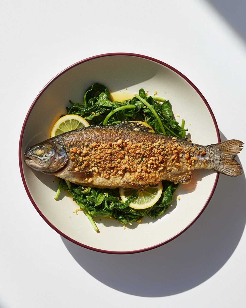 Walnut-Crusted Trout + Lemon Greens plated for the RM Menopause Support collection