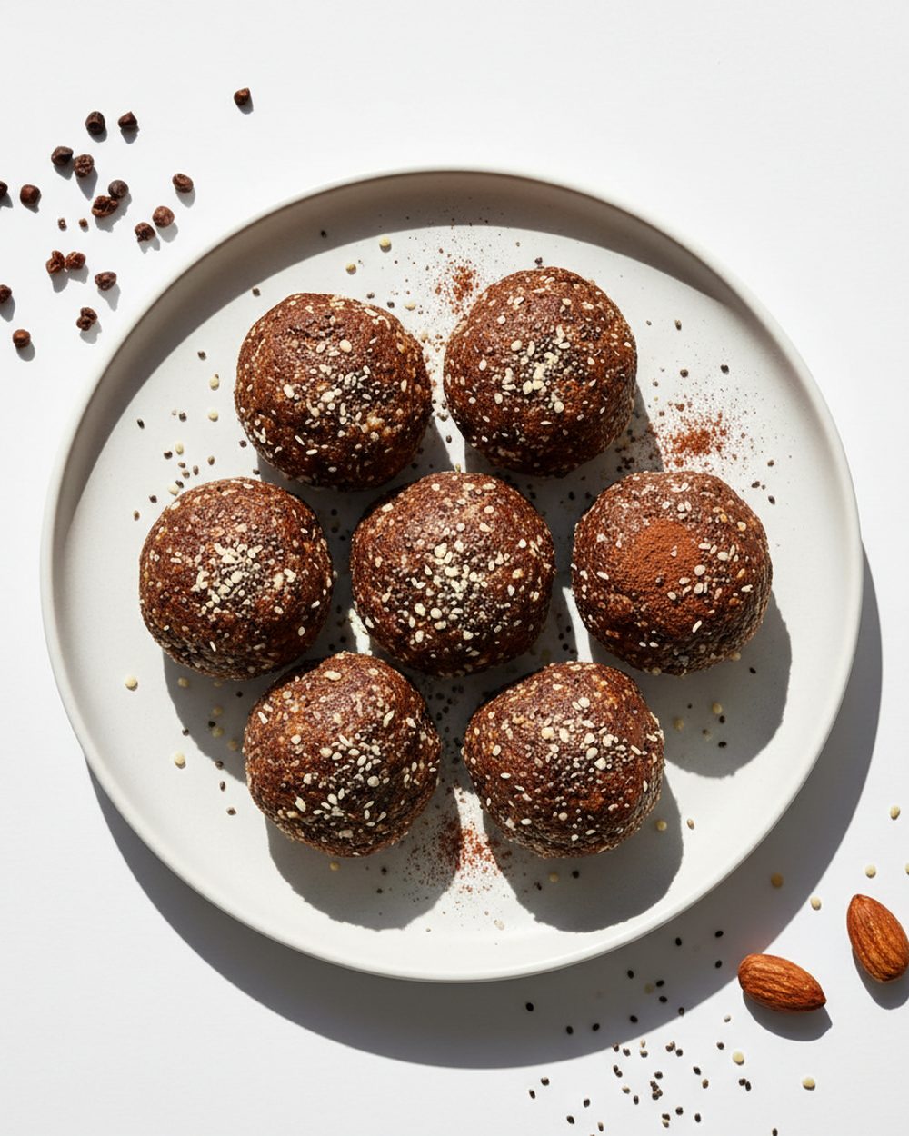 Almond Butter + Cacao Protein Bites plated for the RM Menopause Support collection