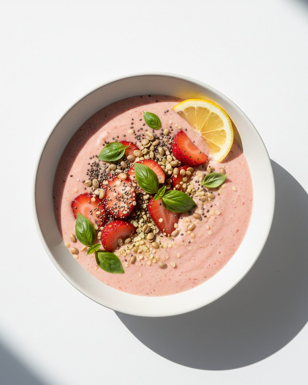 Strawberry Basil Kefir Smoothie plated for the RM Menopause Support collection