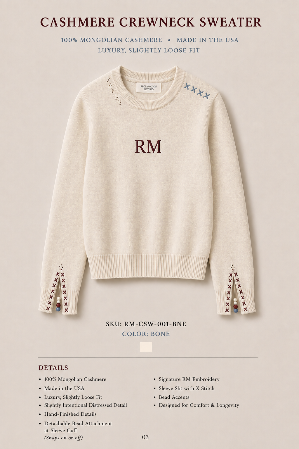 Bone cashmere crewneck sweater with burgundy RM embroidery