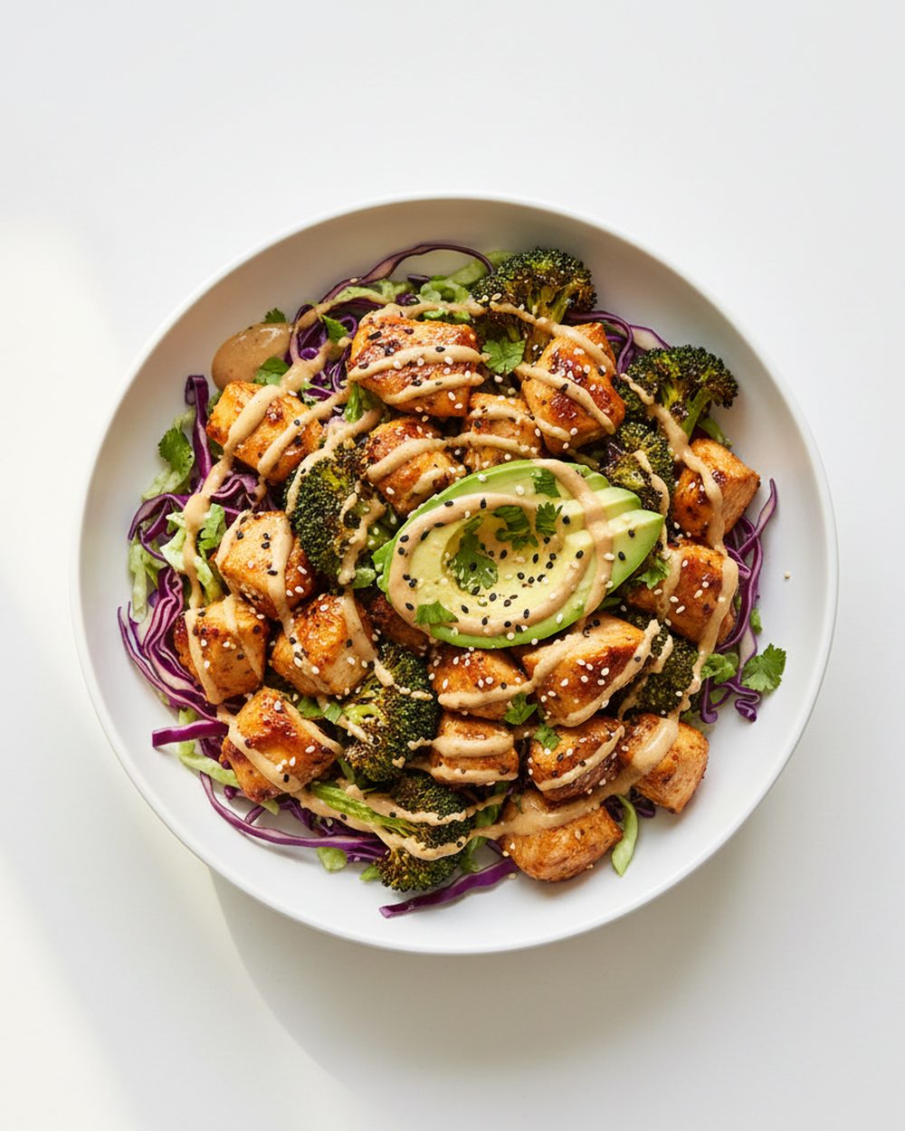 Chicken + Broccoli Sesame Crunch Bowl plated for the RM Menopause Support collection