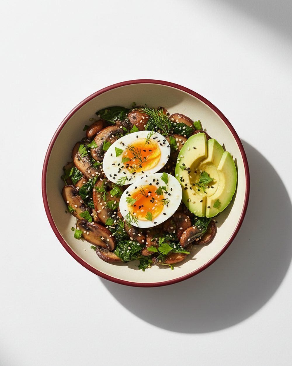 Savory Mushroom + Egg Breakfast Bowl plated for the RM Menopause Support collection