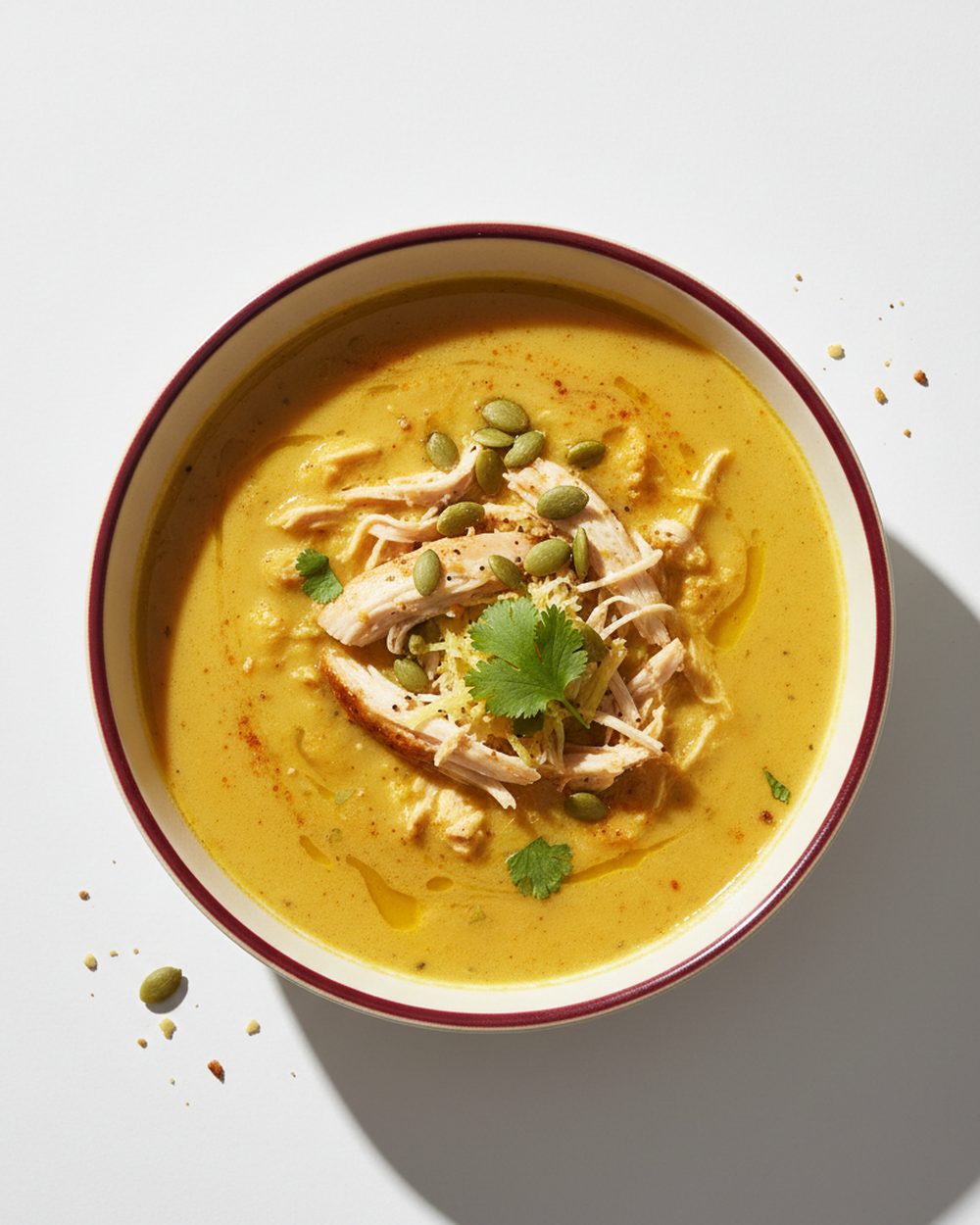 Golden Cauliflower + Chicken Turmeric Soup plated for the RM Menopause Support collection