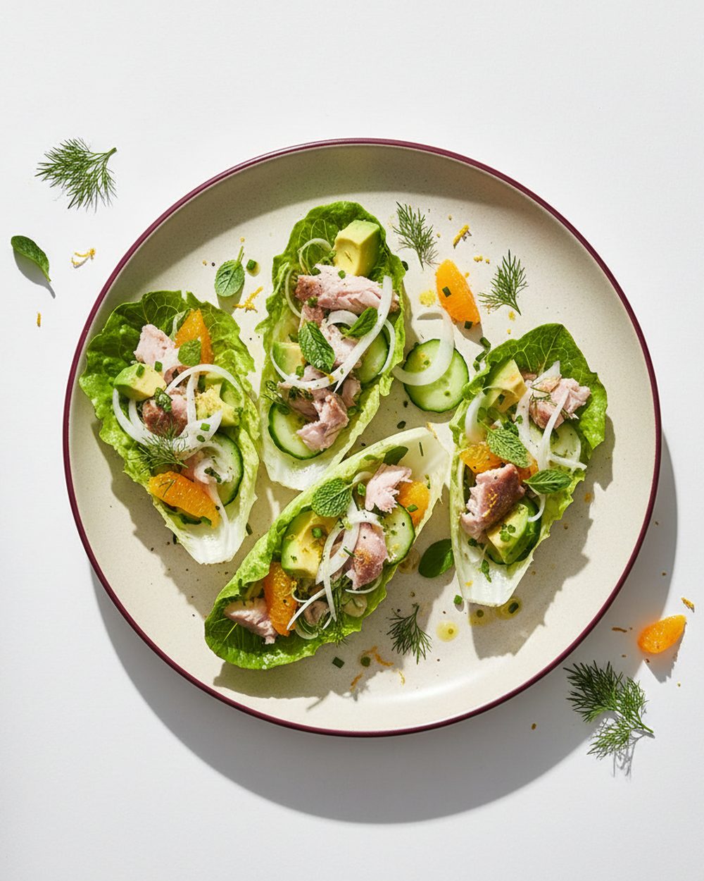 Trout + Fennel Citrus Lettuce Cups plated for the RM Menopause Support collection