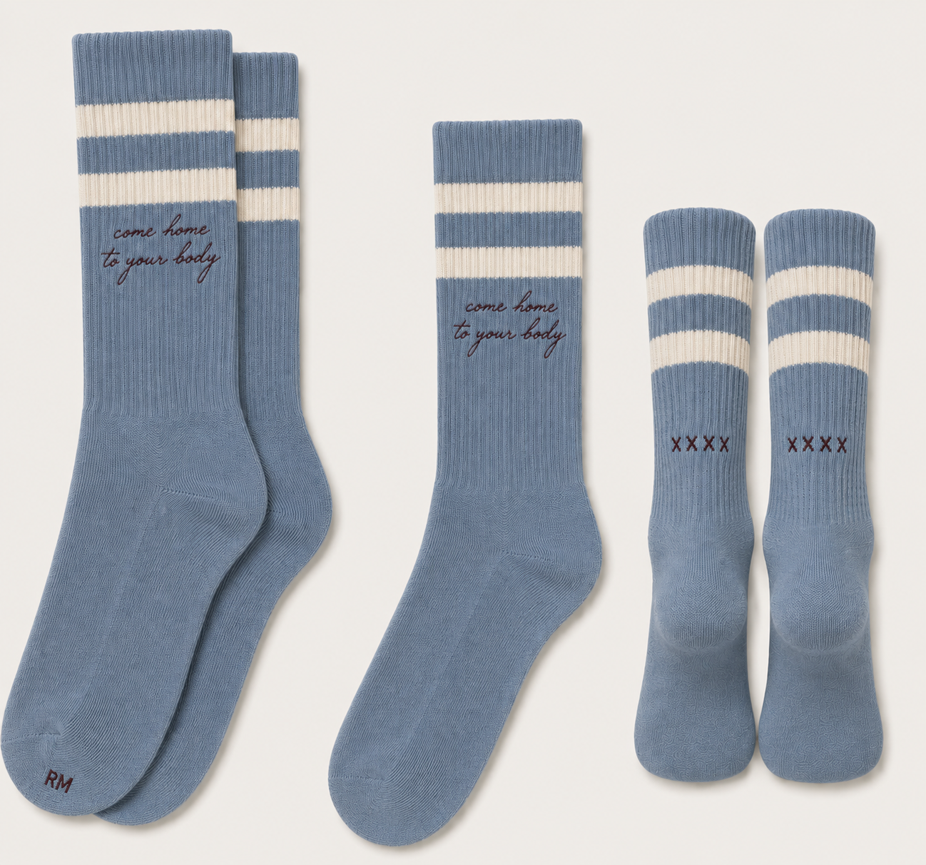 Dusty blue ribbed crew socks with bone stripes and burgundy stitching