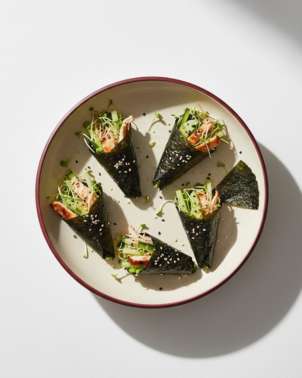 Chicken + Avocado Hand Rolls plated for the RM Menopause Support collection