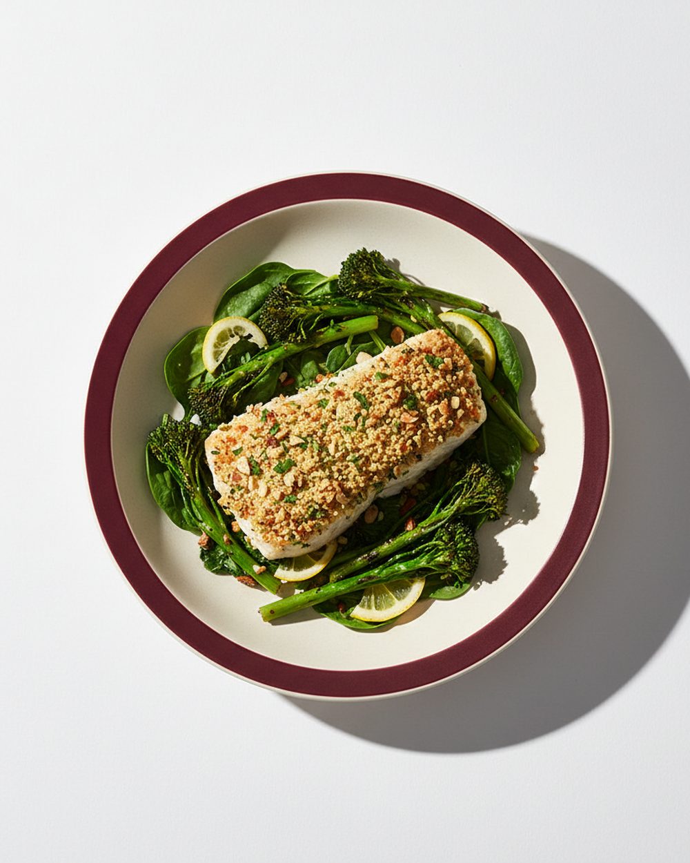 Herb-Crusted Halibut + Warm Greens plated for the RM Menopause Support collection