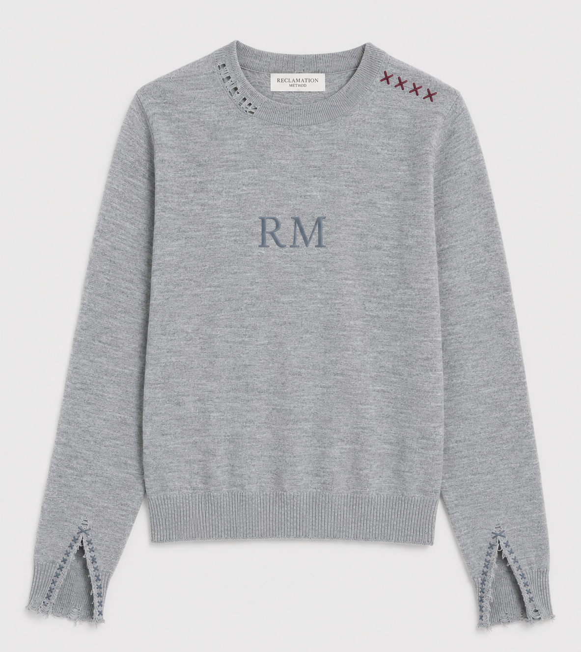 Heather grey cashmere crewneck sweater with dusty blue RM embroidery