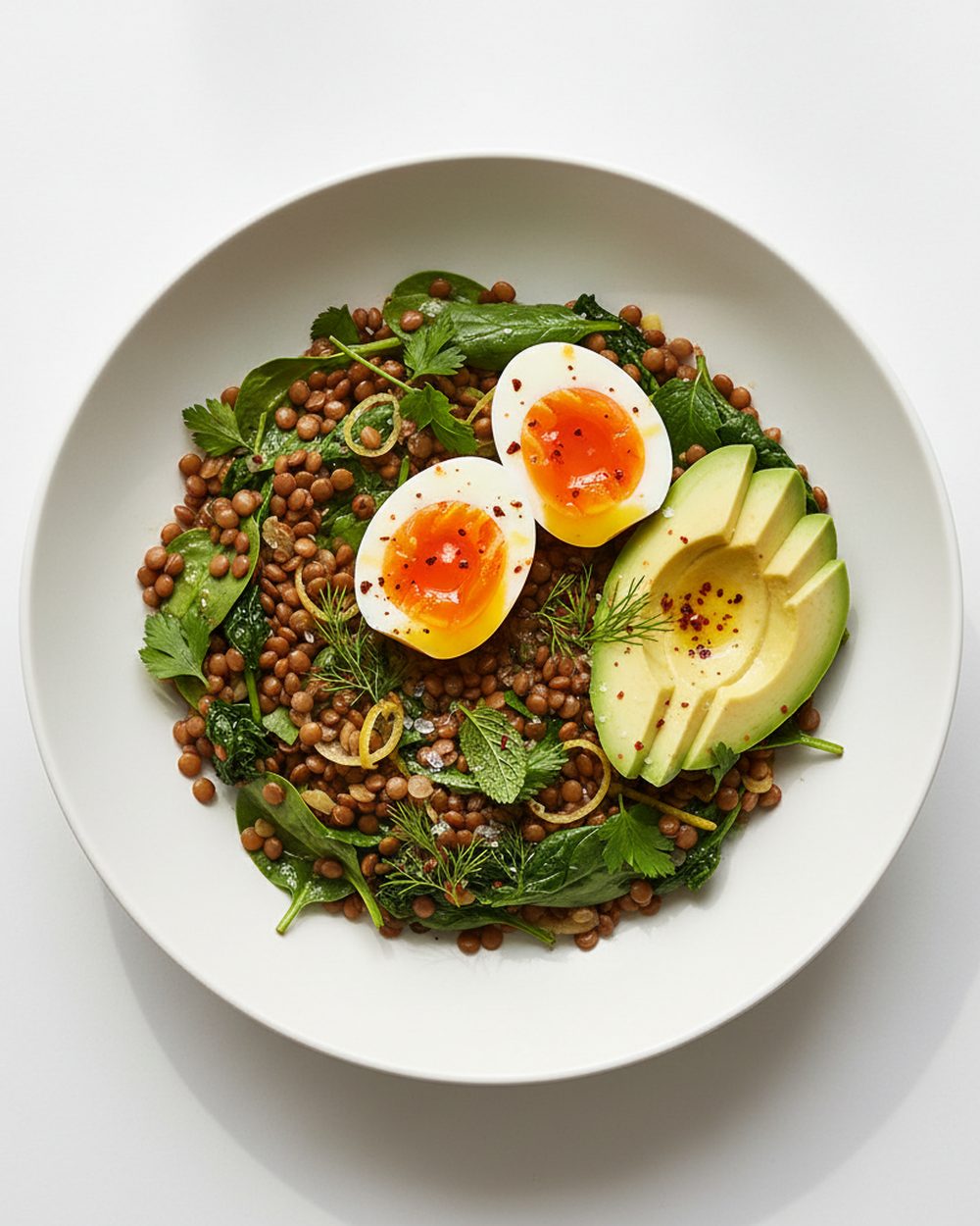 Warm Lentil + Egg Herb Salad plated for the RM Menopause Support collection