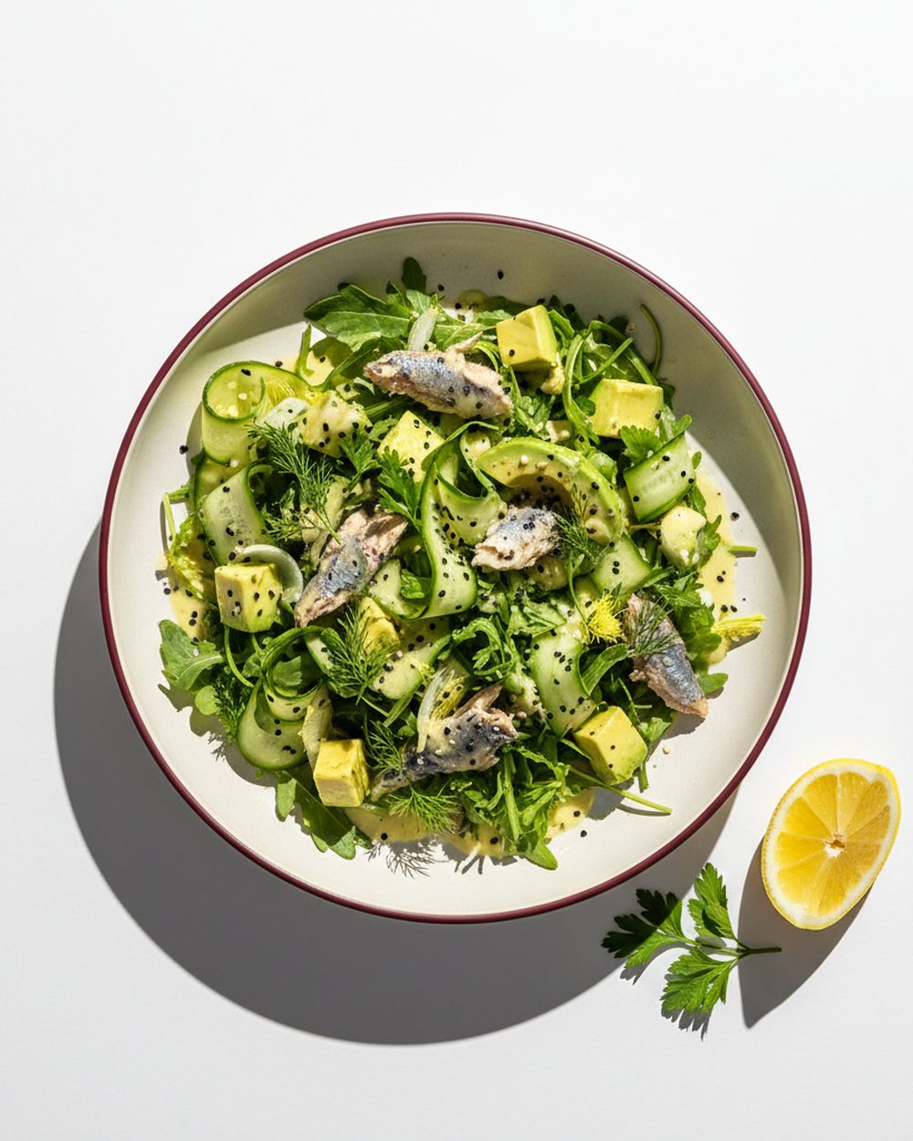 Sardine + Avocado Herb Salad plated for the RM Menopause Support collection
