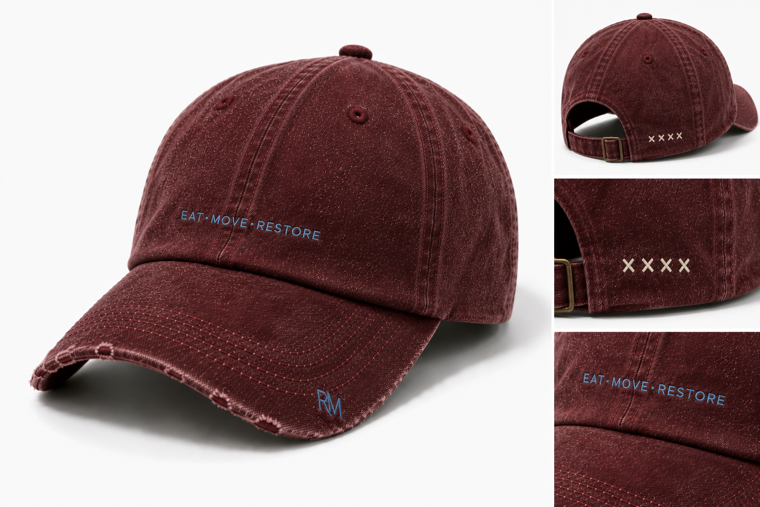 Washed burgundy cap embroidered with Eat Move Restore