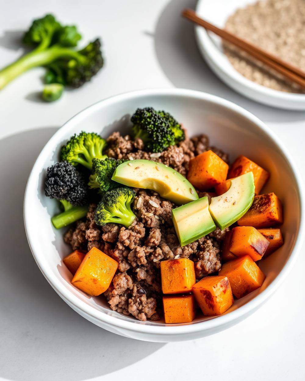 Beef, Broccoli & Sesame Sweet Potato Bowl plated for the RM Menopause Support collection
