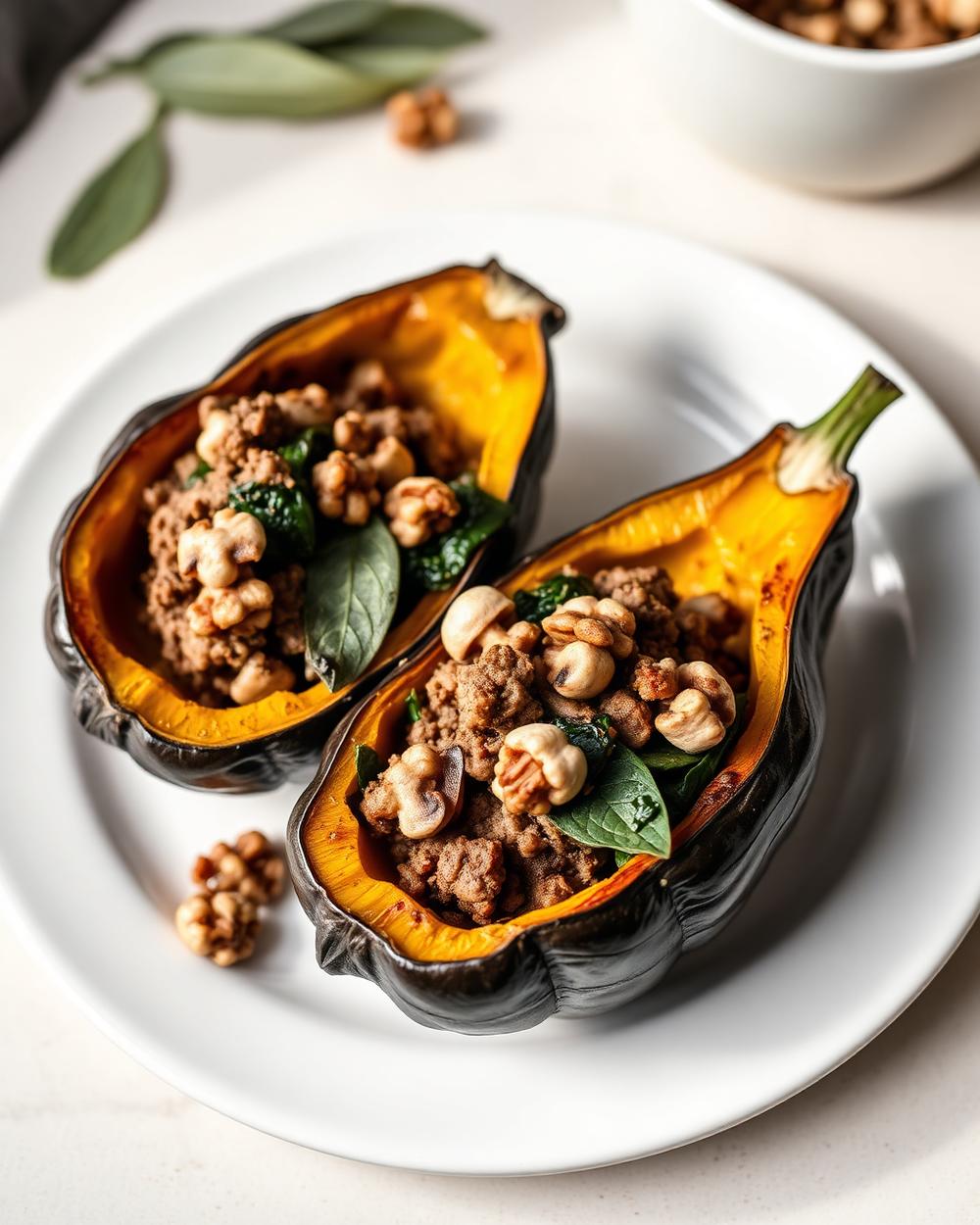 Beef & Mushroom Stuffed Acorn Squash plated for the RM Menopause Support collection