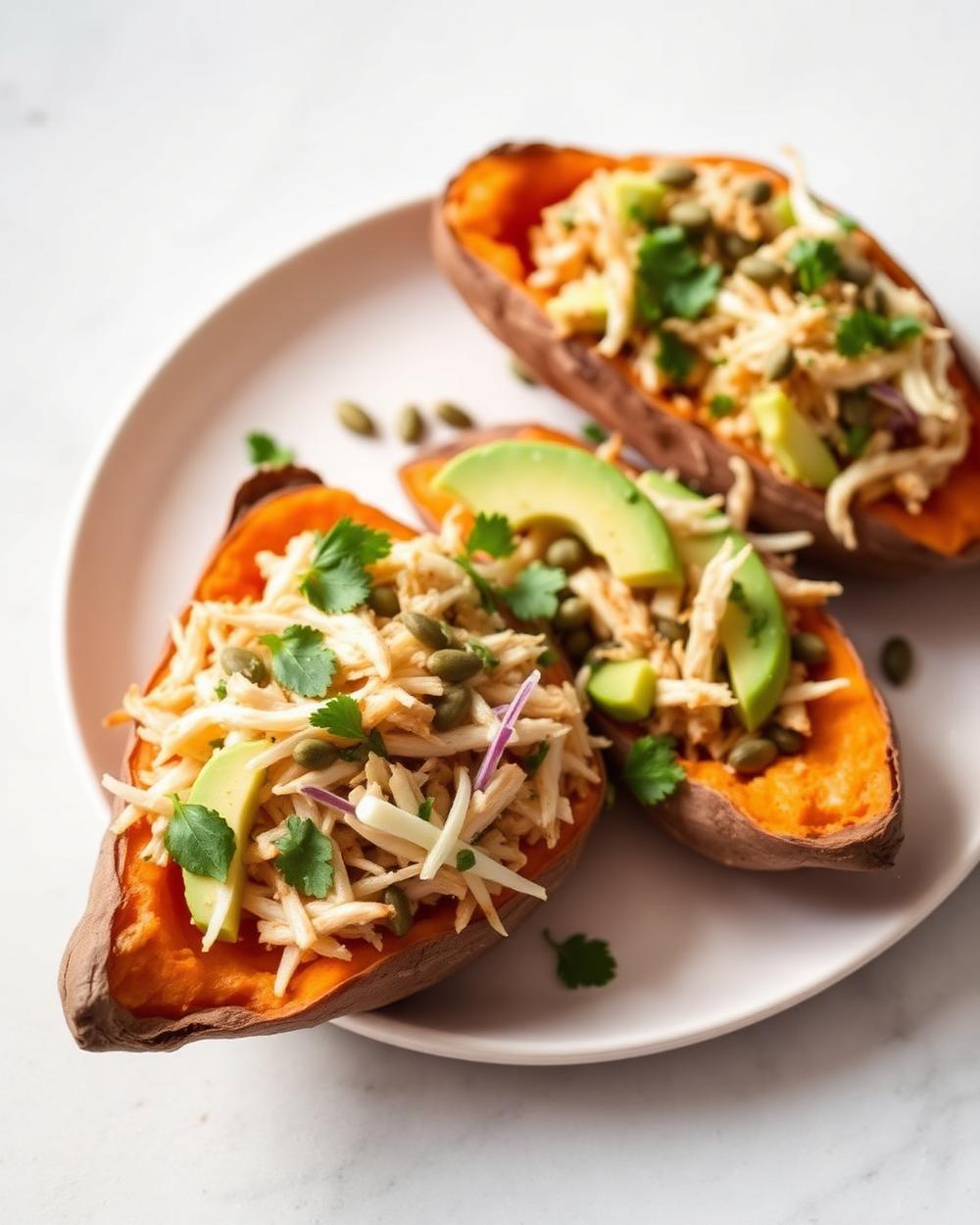 Chicken & Avocado Stuffed Sweet Potatoes plated for the RM Menopause Support collection