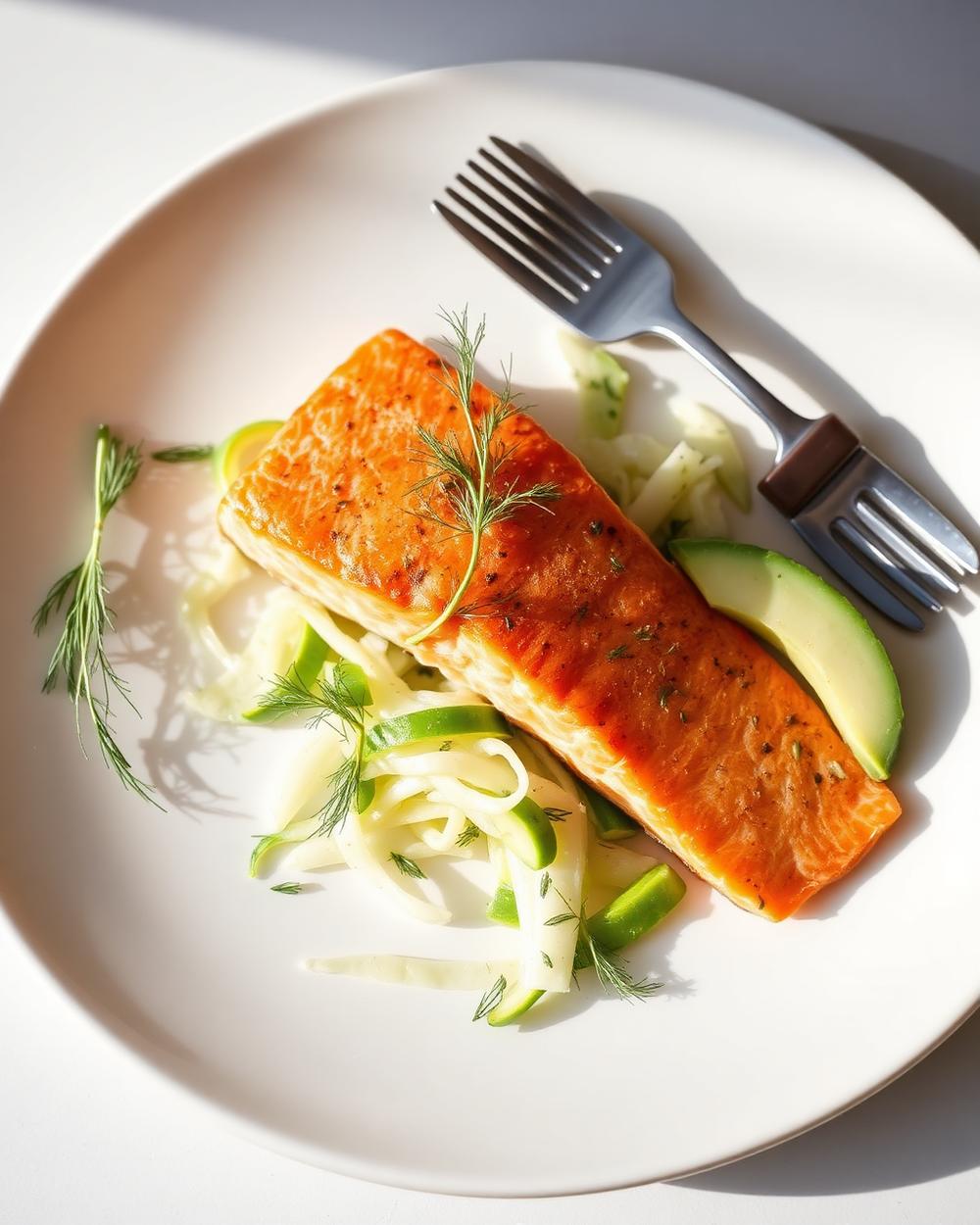 Crispy-Skin Salmon with Fennel Apple Slaw plated for the RM Menopause Support collection