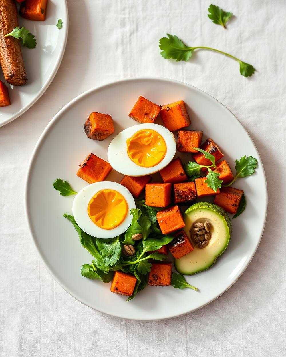 Jammy Egg, Avocado & Roasted Sweet Potato Breakfast Plate plated for the RM Menopause Support collection