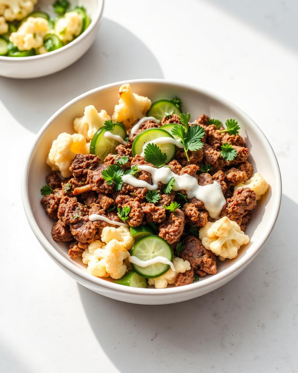 Lamb & Cauliflower Tahini Bowl plated for the RM Menopause Support collection