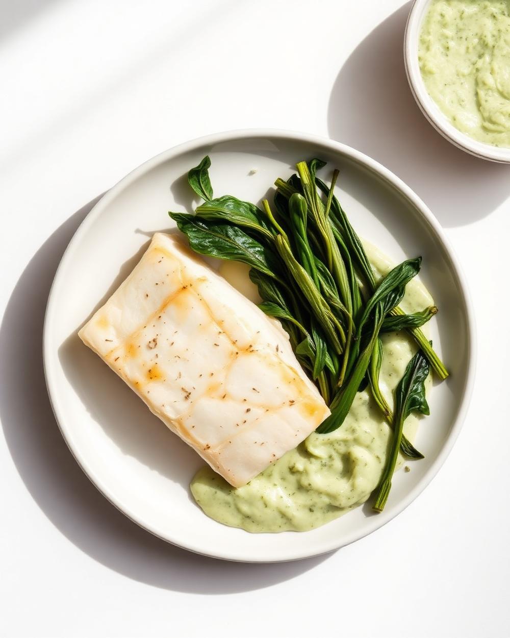 Lemon Cod with Wilted Greens & Herb Purée plated for the RM Menopause Support collection