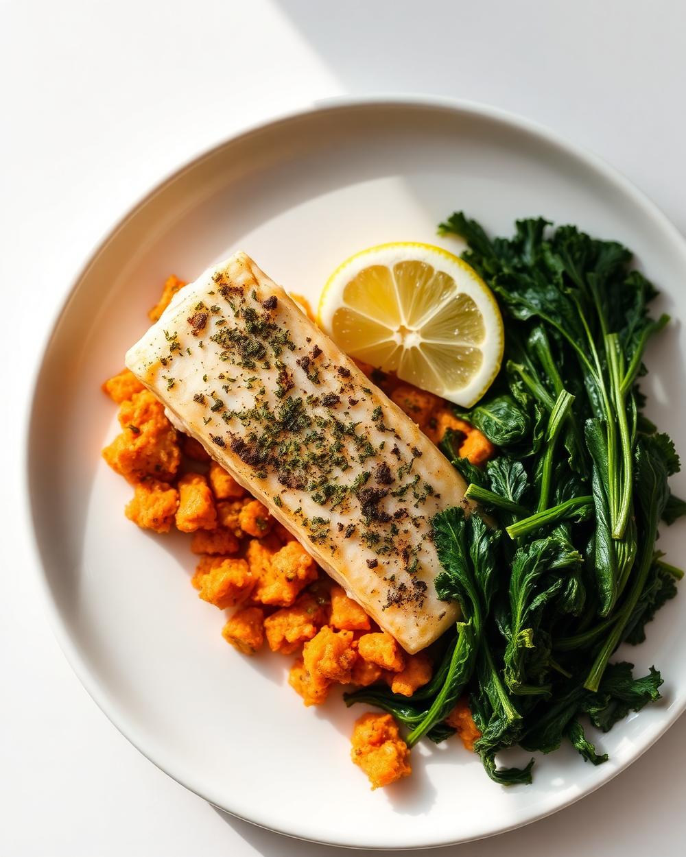 Lemon-Herb Cod with Crushed Sweet Potato & Greens plated for the RM Menopause Support collection