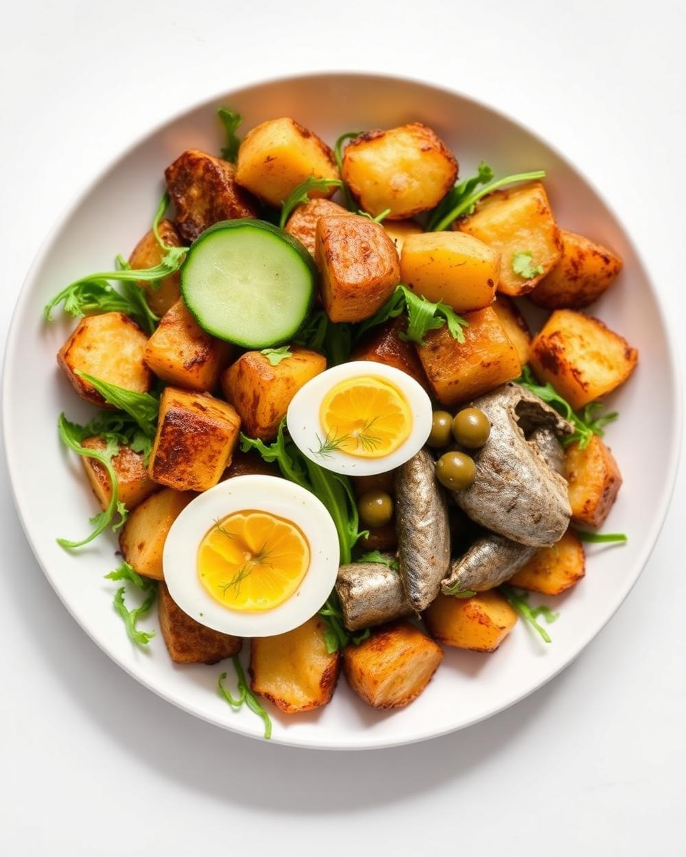 Sardine, Egg & Crispy Potato Salad plated for the RM Menopause Support collection