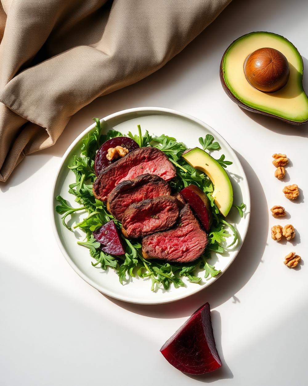 Steak, Arugula & Roasted Beet Plate plated for the RM Menopause Support collection