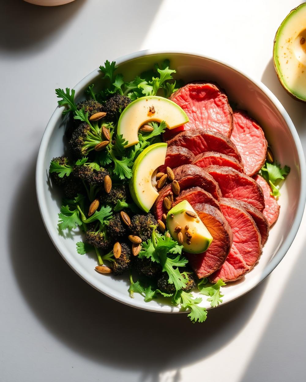 Steak & Charred Broccoli Mineral Bowl plated for the RM Menopause Support collection