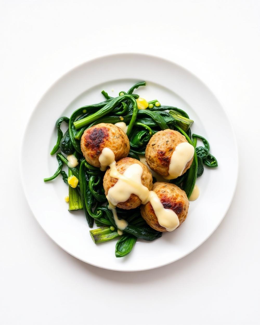 Turkey Meatballs with Creamy Tahini Greens plated for the RM Menopause Support collection