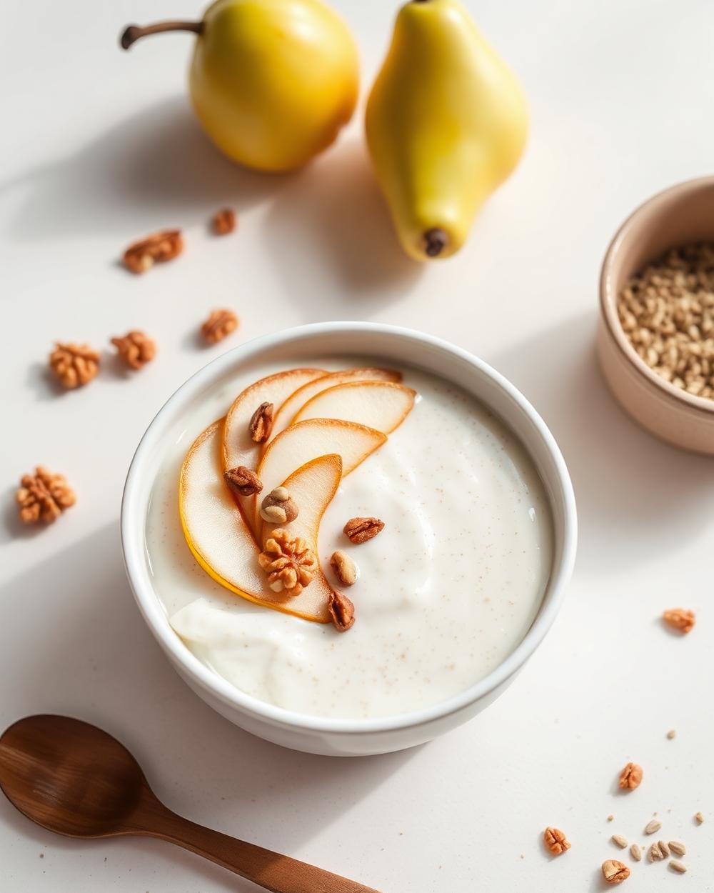 Warm Pear, Walnut & Chia Breakfast Bowl plated for the RM Menopause Support collection